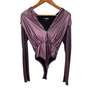 Line and Dot Bodysuit Size Small Metallic V Neck Long Sleeve Purple Evening Wear